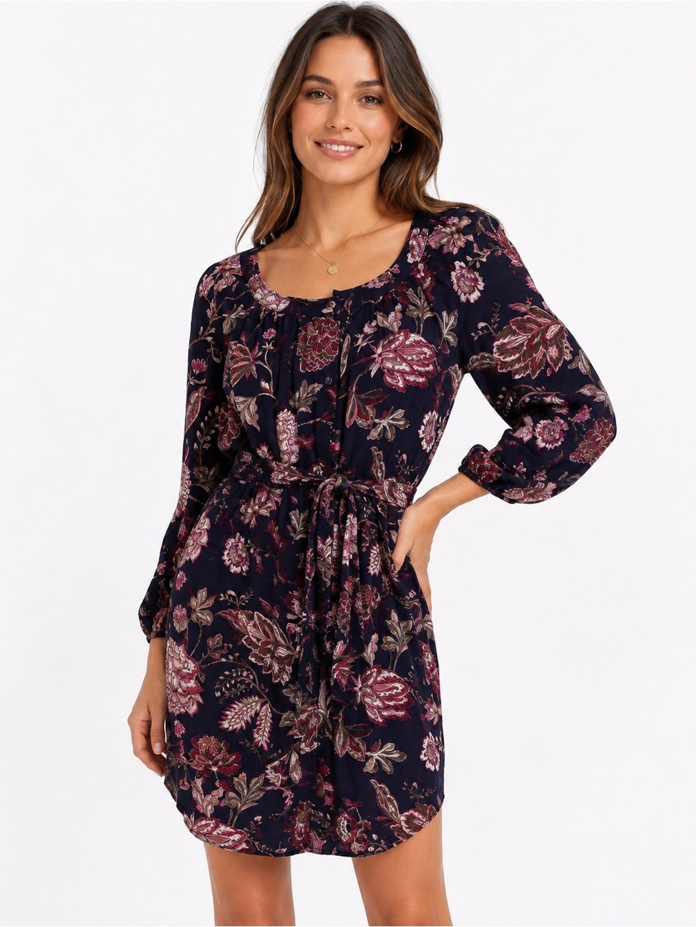 Tommy Bahama Floral Dress Size M Navy Pink 3/4 Sleeve Tie Waist NWT